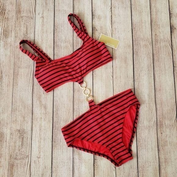 Michael Kors Nautical Stripe Cut Out Chain Accent Monoki Red/Navy Size 10 - Picture 5 of 12